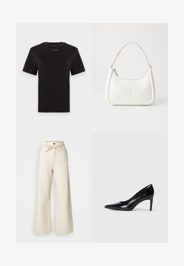 Fekete pamut póló rövid ujjakkal, kerek nyakkivágással és kis fehér "Calvin Klein" logóval a mellkasnál. Simás textúra, klasszikus fazon.; Krém színű, bővülő szárú farmernadrág, magas derékkal, elöl masni díszítéssel és kontrasztos varrással.; Fekete bőr magassarkú cipő, hegyes orral, sima textúrával és kúpos sarkal. Minimalista dizájn, nincsenek további díszítések.; Fehér bőrtáska ívelt formájú, elöl feltűnő "CK" logóval, egyetlen vállpánttal. Cipzáras zárás a tetején.