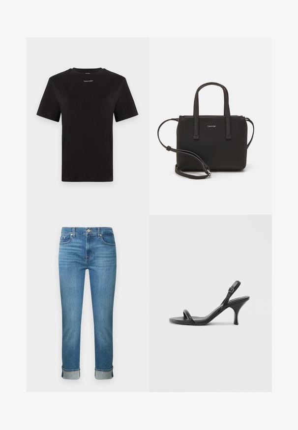 Črna bombažna majica s kratkimi rokavi, okroglim izrezom in majhnim belim logotipom "Calvin Klein" na prsih. Gladka tekstura, klasičen kroj.; Svetlo modre kavbojke iz jeansa s pravo linijo, petimi žepi, gumbnim zapiranjem in zavihanimi robovi. Gladek tekstura z rahlim bledenjem.; Črne usnjene visoke sandale s tankim, ukrivljenim petam in obliko križanih trakov. Nastavljiv trak okoli gležnja. Gladka tekstura.; Črna torbica z dvema kratkima ročajema in odstranljivim naramnim trakom. Gladek usnju podoben material z zadrgo in podrobnostmi z logotipom.
