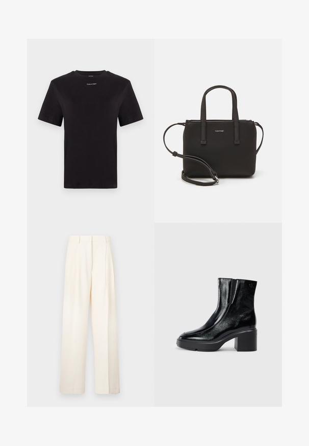 Must musta t-särk lühikeste käistega, ümberringi kaelusega ja väikese valge "Calvin Klein" logo'ga rinnal. Sile tekstuur, klassikaline lõige.; Kreemjad laiad püksid, valmistatud siledast kangast. Omavad kohandatud disaini esi-plekkide ja sirge lõikega.; Mustmustest must paeltega särkide, millel on kõver varvas, elastsed külgpaneelid ja jäme plokkpealse. Tagaküljel on reljeefne logo.; Musthave mustrans vöö ja eemaldatav õlarihm. Gludike nahk siledaga, millel on tõmblukk ja logo detail.