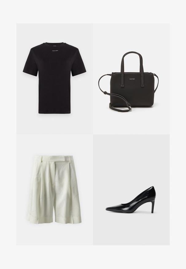 Crna pamučna majica s kratkim rukavima, okruglim izrezom i malim bijelim logom "Calvin Klein" na prsima. Glatka tekstura, klasičan kroj.; Nabrane kratke hlače od svijetlosmeđe tkanine s suptilnim apstraktnim uzorkom. Imaju ravni pojas i ležeran kroj, idealne za tople dane.; Crna kožna cipela na visokom potpeticu s špicastim prstom, glatke teksture i sužavajućom potpeticom. Minimalistički dizajn, bez dodatnih ukrasa.; Crna torba s dva kratka ručka i uklonjivom naramenicom. Glatki materijal nalik koži s zatvaračem na zatvaranje i detaljem s logom.
