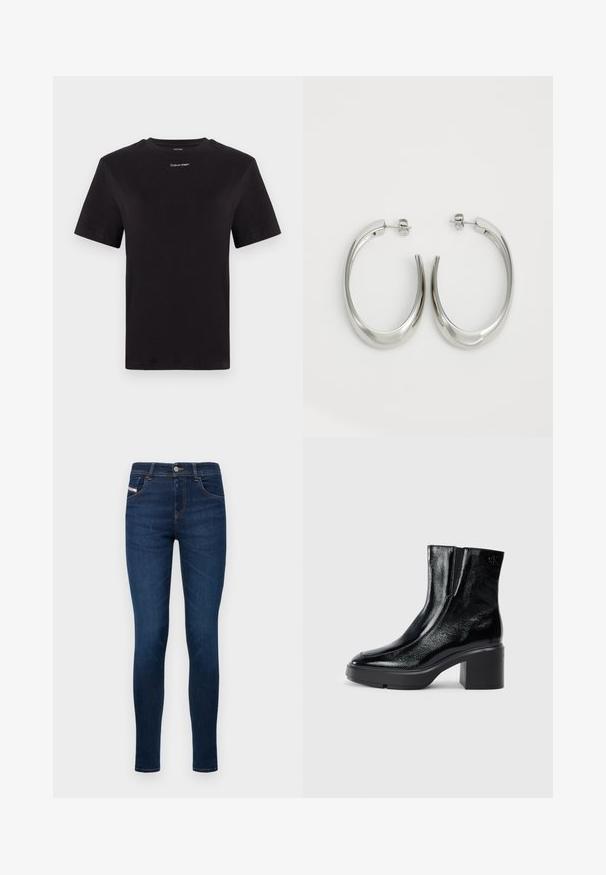 Μαύρη βαμβακερή μπλούζα με κοντά μανίκια, στρογγυλή λαιμόκοψη και λευκό μικρό λογότυπο "Calvin Klein" στο στήθος. Λείο ύφασμα, κλασική γραμμή.; Σκούρο μπλε στενά τζιν φτιαγμένα από τζην, με πέντε τσέπες, κλείσιμο με κουμπί και αντίθετη πορτοκαλί ραφή κατά μήκος των ραφών.; Μαύρες πατενταρισμένες δερμάτινες μπότες στον αστράγαλο με καμπυλωτή μύτη, ελαστικές πλαϊνές πινακίδες και χοντρό μπλοκ τακούνι. Διαθέτουν ανάγλυφο λογότυπο στο πίσω μέρος.; Ασημένια σκουλαρίκια κρίκοι με μαλακή, καμπυλωτή σχεδίαση. Διαθέτουν γυαλιστερή μεταλλική υφή και κλείσιμο με σφίγγα. Χωρίς ορατά μοτίβα ή διακοσμήσεις.
