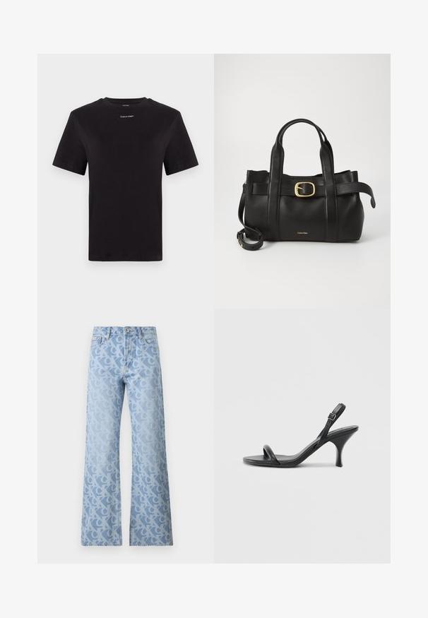 Musta puuvillapaita lyhyillä hihoilla, pyöreä pääntie ja pieni valkoinen "Calvin Klein" -logo rinnassa. Silkkinen pinta, klassinen istuvuus.; Vaaleansiniset farkut, joissa on leveät lahkeet ja koko vaatteen kattava kuvio toisiinsa kytkeytyvistä kirjaimista hieman tummemmassa sävyssä. Klassinen viiden taskun muotoilu.; Mustat nahkaiset korkokengät, joissa on hoikka, kaareva korko ja ristiin menevä hihnadesign. Säädettävä nilkkahihna. Silkkinen pinta.; Musta nahkakäsilaukku, jossa on struktuurinen muotoilu, kaksoiskahvat, kultasävyinen solkiaksentti ja kohokuvioitu brändilogo edessä.