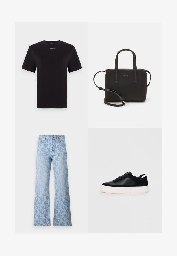 Musta puuvillapaita lyhyillä hihoilla, pyöreä pääntie ja pieni valkoinen "Calvin Klein" -logo rinnassa. Silkkinen pinta, klassinen istuvuus.; Vaaleansiniset farkut, joissa on leveät lahkeet ja koko vaatteen kattava kuvio toisiinsa kytkeytyvistä kirjaimista hieman tummemmassa sävyssä. Klassinen viiden taskun muotoilu.; Musta lenkkari sileällä nahka- ja mokkanahkapaneelilla, litteät nauhat, pyöreä varvas sekä valkoinen kumipohja. Erottuva logo kantapäässä.; Musta käsilaukku, jossa on kaksinkertaiset lyhyet kahvat ja irrotettava olkahihna. Silkkinen nahkatunneinen materiaali, jossa on vetoketjukiinnitys ja logoyksityiskohta.