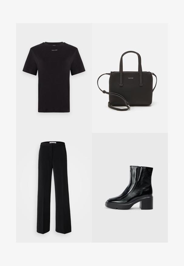 Melna kokvilnas T-kreklu ar īsām piedurknēm, apaļu kakla izgriezumu un nelielu baltu "Calvin Klein" logotipu krūtīs. Gluda tekstūra, klasiskā piegriezuma.; Melni platās bikses ar gludu tekstūru, kas accentētas ar piegulošu jostu un minimālistisku dizainu. Nav redzamu rakstu vai akcentu.; Melnas lakotas ādas potītes zābaki ar izliekto purngalu, elastīgām sānu paneļiem un masīvu blokveida papēdi. Aizmugurē ir izsistā logo.; Melns roku soma ar divām īsām rokturiem un noņemamu plecu siksnu. Gluda ādas līdzīga materiāla ar rāvējslēdzēja aizdari un logos detaļu.