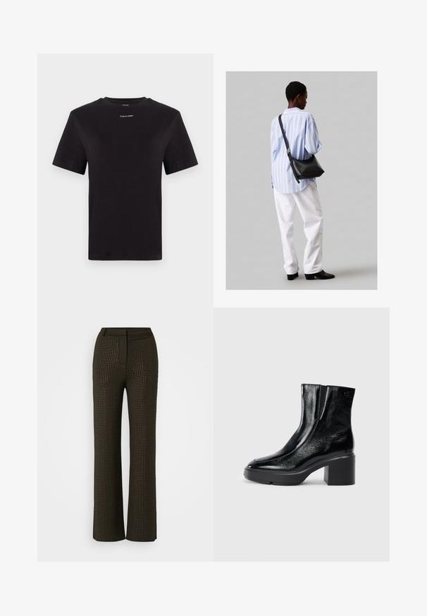 Černé bavlněné tričko s krátkými rukávy, kulatým výstřihem a malým bílým logem "Calvin Klein" na hrudi. Hladká textura, klasický střih.; Široké kalhoty v tmavě hnědé barvě s texturovaným vzorem malých výřezů. Mají přiléhavý pás a bezešvý design pro elegantní vzhled.; Černé lakované kotníkové boty s zakřivenou špičkou, elastickými bočními panely a robustním blokovým podpatkem. Na zadní straně se nachází embosované logo.; Černá kožená kabelka přes rameno s jemnou texturou, trojúhelníkovým tvarem a nastavitelným popruhem, v kombinaci se světle modrou pruhovanou košilí a bílými kalhotami.