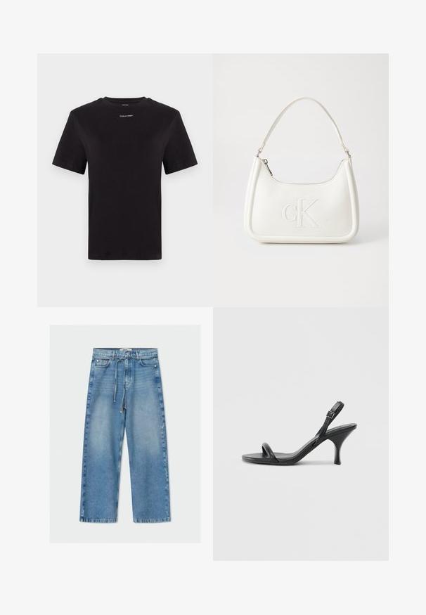 Sort bomulds t-shirt med korte ærmer, rund halsudskæring og lille hvid "Calvin Klein" logo på brystet. Glat tekstur, klassisk pasform.; Lyst blå denim wide-leg jeans med høj talje, snøre, fem-lomme design og rå kantdetalje.; Sorte læder højhælede sandaler med en slank, buet hæl og et krydset stropdesign. Justerbar ankelrem. Glat tekstur.; Hvid lædertaske med en buet form, der har et præget "CK"-logo på fronten og en enkelt skulderrem. Lynlåslukning i toppen.