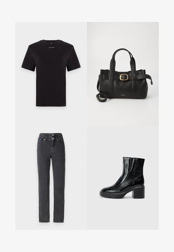 Črna bombažna majica s kratkimi rokavi, okroglim izrezom in majhnim belim logotipom "Calvin Klein" na prsih. Gladka tekstura, klasičen kroj.; Črne denim kavbojke s ravnim krojem, ki imajo visok pas, zapiranje na dva gumba ter sprednje in zadnje žepe.; Črne lakirane gležnjarje z ukrivljenim nosom, elastičnimi stranskimi paneli in debelim blokastim peto. Imajo vtisnjen logotip na zadnjem delu.; Črna usnjena torba s strukturirano zasnovo, dvojni zgornji ročaji, zlato-tonirni zaponka kot dodatek in vtisnjeni logotip blagovne znamke spredaj.