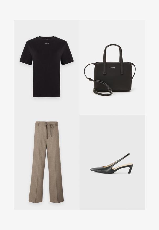 T-shirt noir en coton à manches courtes, col rond, avec un petit logo blanc "Calvin Klein" sur la poitrine. Texture lisse, coupe classique.; Pantalons marron à rayures avec une coupe ample, dotés d'une taille à nouer, de jambes larges et d'une texture douce, fabriqués dans un tissu tissé.; Slingback noir à bout pointu avec un petit talon, en cuir lisse et doté d'un design découpé sur le côté pour plus de respirabilité.; Sac à main noir avec deux poignées courtes et une bandoulière amovible. Matière lisse semblable à du cuir avec une fermeture éclair et un détail de logo.