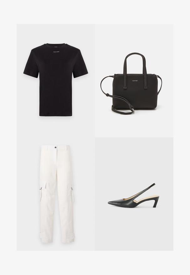 Černé bavlněné tričko s krátkými rukávy, kulatým výstřihem a malým bílým logem "Calvin Klein" na hrudi. Hladká textura, klasický střih.; Bílé cargo kalhoty vyrobené z bavlny, s bočními kapsami, poutky a ohrnutými nohavicemi. Design zahrnuje rovný střih a zapínání na knoflík.; Černý špičatý slingback s nízkým podpatkem, vyrobený z hladké kůže, s výřezem na boku pro lepší prodyšnost.; Černá kabelka s dvojitými krátkými uchy a odnímatelným ramenním popruhem. Hladký koženkový materiál s uzávěrem na zip a detailem loga.