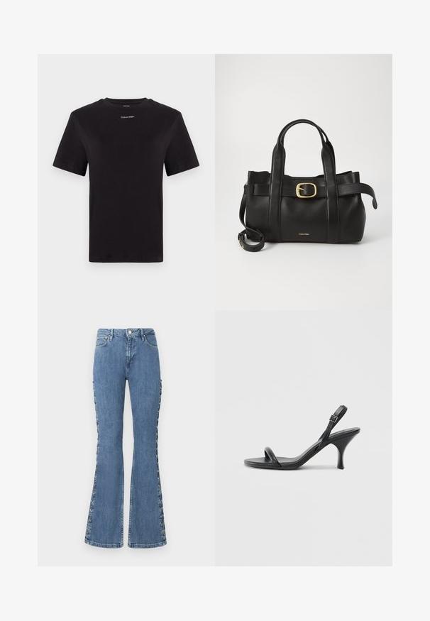 Svart bomulls t-shirt med korta ärmar, rund halsringning och liten vit "Calvin Klein" logotyp vid bröstet. Slät textur, klassisk passform.; Högmidjade, utsvängda blå jeans i denim med dekorativ snörningsdetalj längs sidorna och en klassisk femfickdesign.; Svarta läder högklackade sandaler med en smal, böjd klack och ett korsat remdesign. Justerbar ankelrem. Slät textur.; Svart läderhandväska med en strukturerad design, dubbla topphandtag, detaljer i guldton med spänne och präglad logotyp framtill.