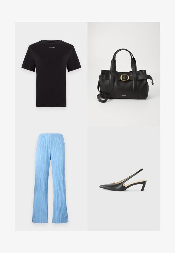 Čierne bavlnené tričko s krátkymi rukávmi, klasickým výstrihom a malým bielym logom "Calvin Klein" na hrudi. Hladká textúra, klasický strih.; Svetlo modré plisované nohavice s širokým strihom, s vertikálnymi pruhmi a elastickým pásom pre pohodlie. Hladká, ľahká tkanina.; Čierne slingback topánky s ostrou špičkou a nízkym opätkom, vyrobené z hladkej kože a s výrezmi na boku pre lepšiu priedušnosť.; Čierna kožená kabelka s štruktúrovaným dizajnom, dvojitými hornými uchopiteľmi, zlatým prackovým akcentom a embosovaným logom značky na prednej strane.