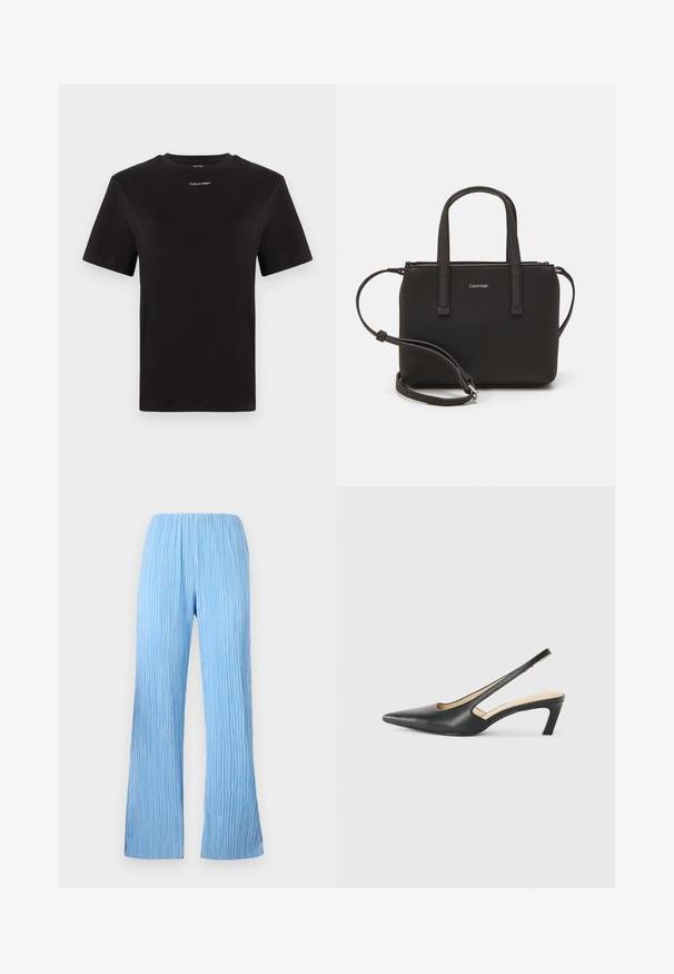 Čierne bavlnené tričko s krátkymi rukávmi, klasickým výstrihom a malým bielym logom "Calvin Klein" na hrudi. Hladká textúra, klasický strih.; Svetlo modré plisované nohavice s širokým strihom, s vertikálnymi pruhmi a elastickým pásom pre pohodlie. Hladká, ľahká tkanina.; Čierne slingback topánky s ostrou špičkou a nízkym opätkom, vyrobené z hladkej kože a s výrezmi na boku pre lepšiu priedušnosť.; Čierna kabelka s dvojitými krátkymi rúčkami a odnímateľným ramenným popruhom. Hladký materiál podobný koži s uzatváraním na zips a detailom loga.