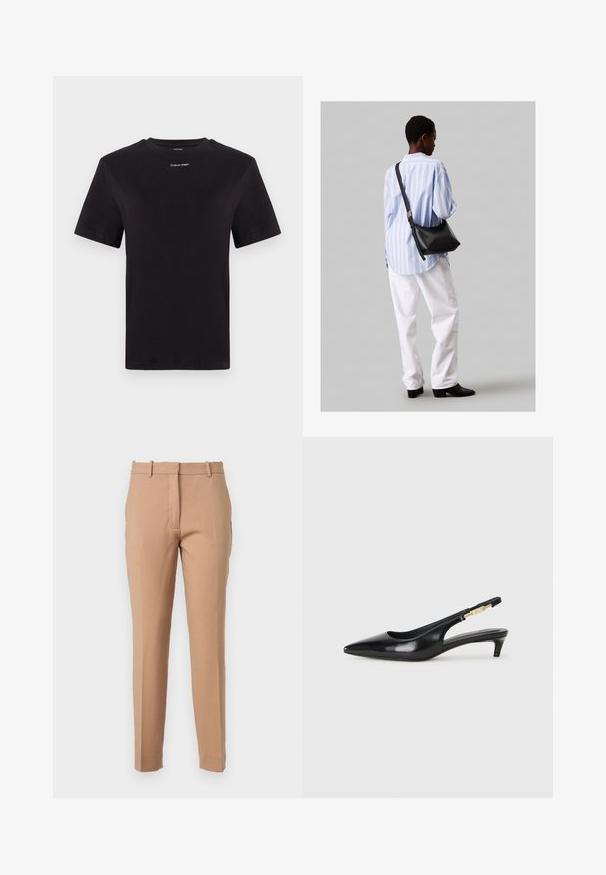 Černé bavlněné tričko s krátkými rukávy, kulatým výstřihem a malým bílým logem "Calvin Klein" na hrudi. Hladká textura, klasický střih.; Khaaki kalhoty na míru vyrobené z hladkého materiálu. Mají plochý přední díl, rovné nohavice a boční kapsy pro větší detail.; Černé kožené boty na podpatku s otevřenou patou a špičatou špičkou, s tenkým podpatkem a zlatým akcentem na nastavitelném pásku. Hladký povrch.; Černá kožená kabelka přes rameno s jemnou texturou, trojúhelníkovým tvarem a nastavitelným popruhem, v kombinaci se světle modrou pruhovanou košilí a bílými kalhotami.