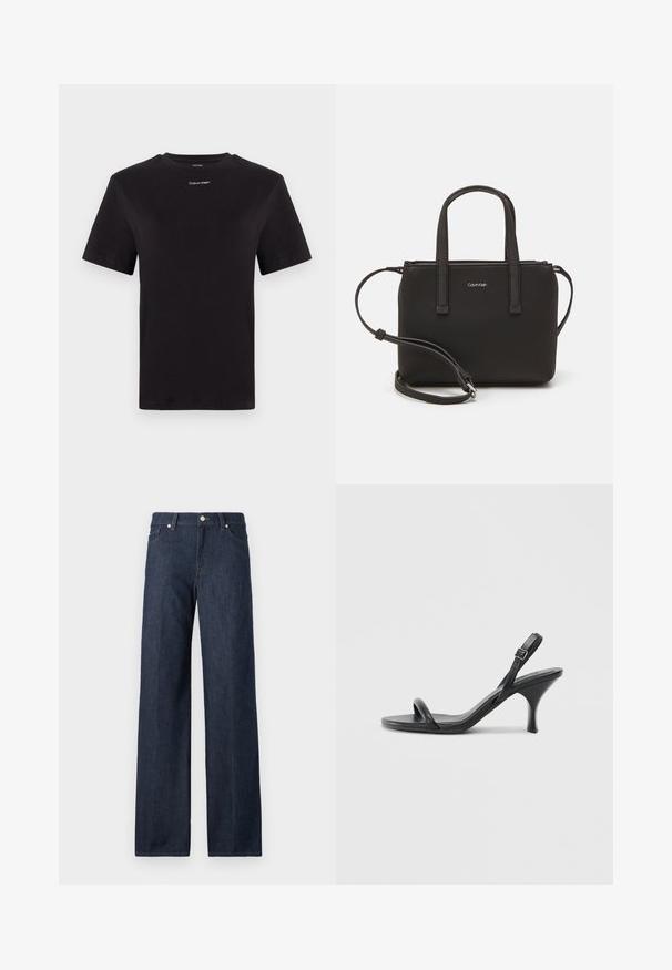 Zwarte katoenen t-shirt met korte mouwen, ronde hals en klein wit "Calvin Klein" logo op de borst. Gladde textuur, klassieke pasvorm.; Donkere spijkerbroek met wijde benen heeft een hoge taille, riemlussen en een klassieke vijf-pocketontwerp. Soepele textuur met subtiele vervaging.; Zwarte leren sandalen met hoge hakken, een slanke, gebogen hak en een gekruist bandontwerp. Verstelbare enkelband. Soepele textuur.; Zwarte handtas met dubbele korte handvatten en een afneembare schouderriem. Glad, leerachtig materiaal met een ritssluiting en logo-detail.