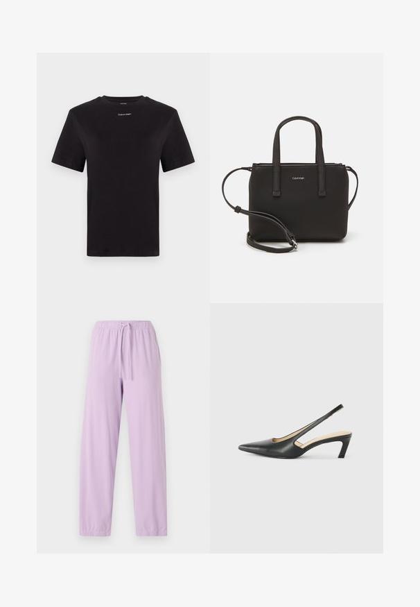 Sort bomulds t-shirt med korte ærmer, rund halsudskæring og lille hvid "Calvin Klein" logo på brystet. Glat tekstur, klassisk pasform.; Lys lilla joggerbukser lavet af blød stof med elastisk talje og justerbar snor; tapered ben design.; Sorte spidse slingback-sko med en lav hæl, lavet af glat læder og med udskæringer på siden for åndbarhed.; Sort håndtaske med to korte håndtag og en aftagelig skulderrem. Glat læderagtigt materiale med lynlåslukning og logo detaljer.