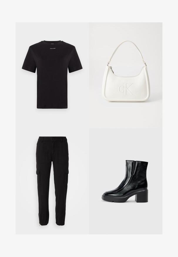 Črna bombažna majica s kratkimi rokavi, okroglim izrezom in majhnim belim logotipom "Calvin Klein" na prsih. Gladka tekstura, klasičen kroj.; Črne cargo hlače z več stranskimi žepi, gumbom za zapiranje in zadrgo na robovih. Narejene iz gladkega, trpežnega materiala.; Črne lakirane gležnjarje z ukrivljenim nosom, elastičnimi stranskimi paneli in debelim blokastim peto. Imajo vtisnjen logotip na zadnjem delu.; Bela usnjena torbica s ukrivljeno obliko, ki na sprednji strani nosi vžgano logo "CK" in ima eno naramnico. Zadrga za zapiranje na vrhu.