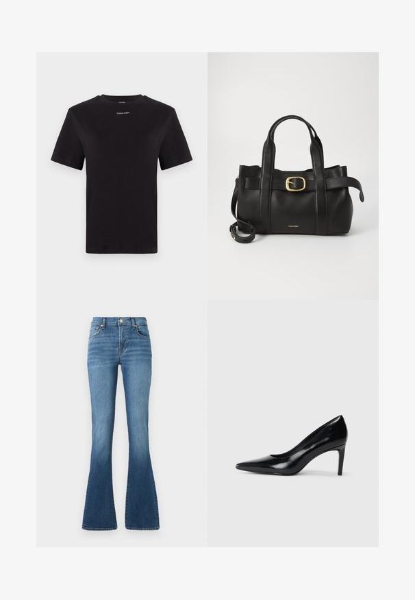 Sort bomulds t-shirt med korte ærmer, rund halsudskæring og lille hvid "Calvin Klein" logo på brystet. Glat tekstur, klassisk pasform.; Blå denim flared jeans med høj talje, der har en frontknaplukning, diskret slidser og en glat, blød tekstur.; Sort læder højhælede sko med spids tå, glat tekstur og en taperet hæl. Minimalistisk design uden yderligere udsmykninger.; Sort læderhåndtaske med et struktureret design, dobbelte toppegreb, guldtonet spændeaccents og præget logo på forsiden.