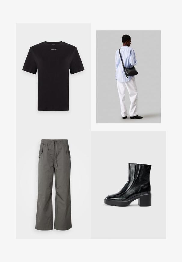 Fekete pamut póló rövid ujjakkal, kerek nyakkivágással és kis fehér "Calvin Klein" logóval a mellkasnál. Simás textúra, klasszikus fazon.; Szürke, széles lábú nadrág könnyű anyagból, rugalmas derékkal, húzózsinórral és két oldalsó zsebbel, amelyeken gombdíszek találhatók.; Fekete lakkbőr bokacsizma ívelt orral, elasztikus oldalpanelek és vastag blokk sarkal. A hátsó részen dombornyomott logó található.; Fekete bőr válltáska puha tapintással, háromszög alakú, állítható pánttal, világoskék csíkos inggel és fehér nadrággal párosítva.