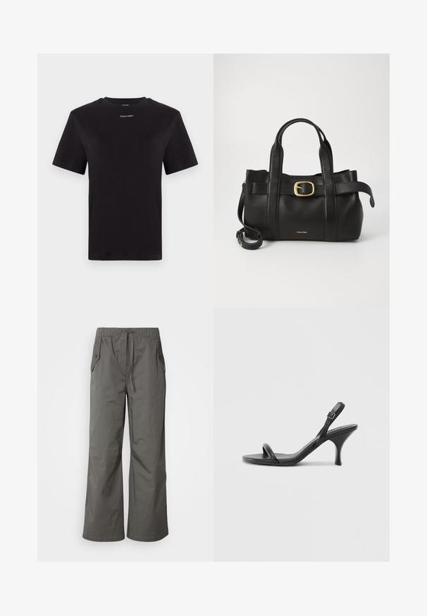 Camiseta de algodón negra con mangas cortas, cuello redondo y pequeño logo blanco de "Calvin Klein" en el pecho. Textura suave, corte clásico.; Pantalones de pierna ancha grises, hechos de tela ligera, con cintura elástica, cordón y dos bolsillos laterales con detalles de botones.; Sandalias de tacón alto de cuero negro con un tacón delgado y curvado y un diseño de tiras cruzadas. Correa para el tobillo ajustable. Textura suave.; Bolso de cuero negro con un diseño estructurado, doble mango superior, detalle de hebilla en tono dorado y logo de la marca grabado en la parte frontal.