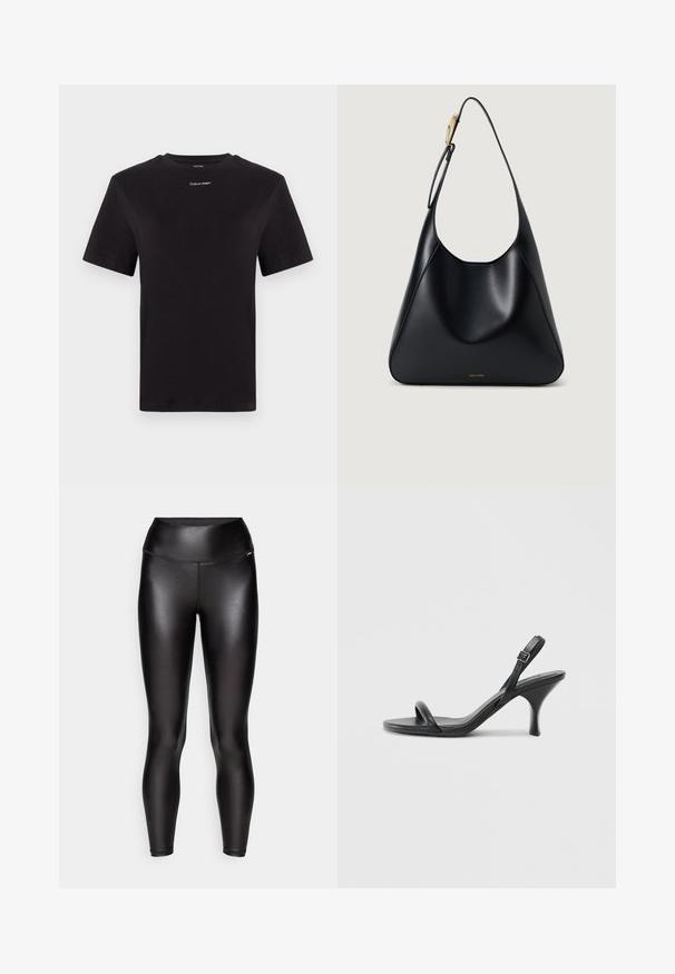 Svart bomull T-skjorte med korte ermer, rund hals og liten hvit "Calvin Klein" logo på brystet. Glatt tekstur, klassisk passform.; Sorte leggings med høy midje, laget av blankt materiale. De har en tettsittende design og en jevn tekstur uten synlige sømmer.; Sorte skinnhøye hæler med en slank, buet hæl og et kryssrem-design. Justerbar ankelrem. Glatt tekstur.; Svart lær skulderveske med glatt tekstur, buet silhuett og gullfarge detaljer. Har preget merkevarelogo nederst.