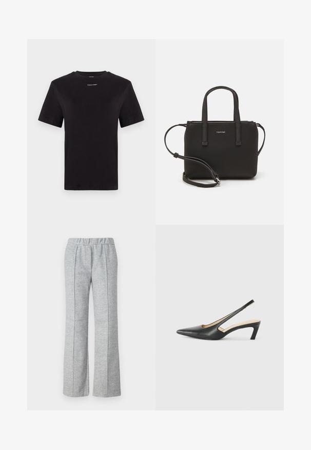 T-shirt in cotone nero con maniche corte, colletto a girocollo e piccolo logo bianco "Calvin Klein" sul petto. Texture liscia, vestibilità classica.; Pantaloni grigi a gamba larga realizzati in tessuto testurizzato; presentano una vita elastica e dettagli plissettati nella parte anteriore. Design pulito e minimale.; Scarpa slingback nera con punta affilata e tacco basso, realizzata in pelle liscia e con un design a taglio laterale per favorire la traspirabilità.; Borsa nera con doppi manici corti e tracolla removibile. Materiale simile alla pelle liscia con chiusura a zip e dettaglio del logo.