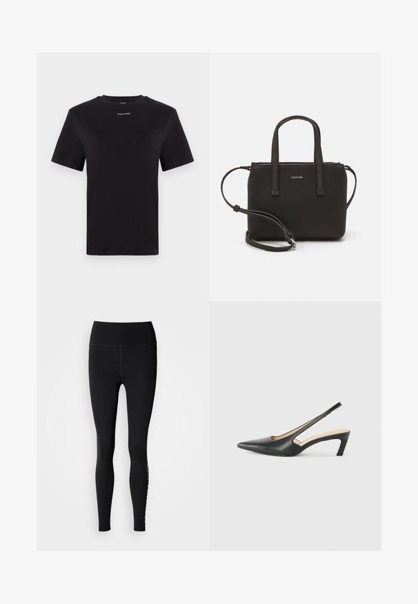 Juodas medvilninis marškinėliai trumpomis rankovėmis, apykaklė, su mažu baltu "Calvin Klein" logotipu krūtinėje. Lygus paviršius, klasikinis siluetas.; Juodos leggingai su aukštu juosmeniu, lygiu paviršiumi, pilno ilgio dizainu ir baltu logotipu žemiau kairės kojos.; Juodas smailus slingback batelis su žemu kulnu, pagamintas iš lygaus odos paviršiaus ir su išpjovomis šone, užtikrinančiomis oro pralaidumą.; Juoda rankinė su dviem trumpais rankenėlėmis ir nuimamu petį. Lygaus odos tipo medžiaga su užtrauktuku ir logotipo detale.