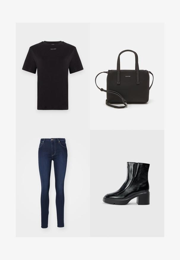 Crna pamučna majica s kratkim rukavima, okruglim izrezom i malim bijelim logom "Calvin Klein" na prsima. Glatka tekstura, klasičan kroj.; Uske traperice u tamnom denimu, visoki struk, s pet džepova, zatvarač i zatvaranje na dugme, kontrastni šavovi i minimalno brending.; Crne lakirane gležnjače s zakrivljenim prstom, elastičnim bočnim panelima i masivnom blok petom. Sadrže urezani logo na leđima.; Crna torba s dva kratka ručka i uklonjivom naramenicom. Glatki materijal nalik koži s zatvaračem na zatvaranje i detaljem s logom.