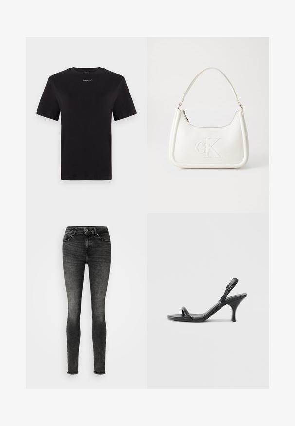 Melna kokvilnas T-kreklu ar īsām piedurknēm, apaļu kakla izgriezumu un nelielu baltu "Calvin Klein" logotipu krūtīs. Gluda tekstūra, klasiskā piegriezuma.; Tievās džinsās izbalējušā melnā denimā, ar augstu jostasvietu, šauru piegriezumu, piecām kabatām un plānām malām pie potītēm.; Melnas ādas augstpapēžu sandales ar plānu, izliekta formas papēdi un krustenisku siksnu dizainu. Regulējama potītes siksna. Gluda tekstūra.; Balta ādas rokassoma ar noapaļotu formu, uz kuras priekšpuses ir izgriezts "CK" logo un viena plecu siksna. Augšā aizverama ar rāvējslēdzēju.