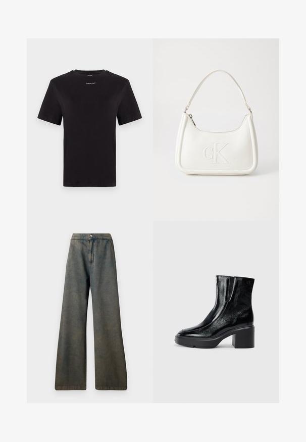 Svart bomull T-skjorte med korte ermer, rund hals og liten hvit "Calvin Klein" logo på brystet. Glatt tekstur, klassisk passform.; Vidde bukser laget av denim, med en falmet blågrå farge, knappelukking og rette sømmer. Teksturert stoff med en mild glans.; Sorte lakkskinn ankelstøvler med buet tå, elastiske sidestykker og en chunky klossheel. Har preget logo på baksiden.; Hvit lærveske med en buet fasong, med et preget "CK"-logo på forsiden og en enkel skulderstropp. Glidelåslukking på toppen.