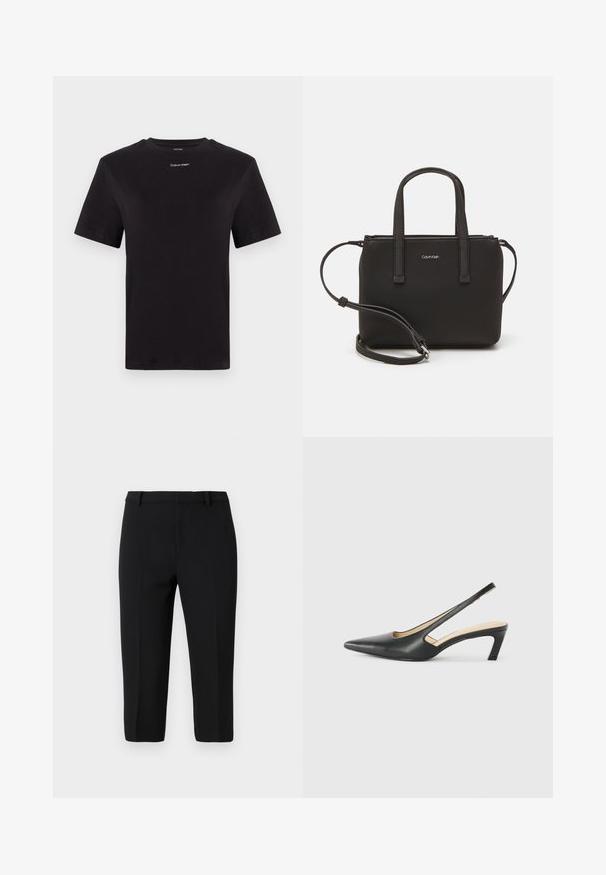 Čierne bavlnené tričko s krátkymi rukávmi, klasickým výstrihom a malým bielym logom "Calvin Klein" na hrudi. Hladká textúra, klasický strih.; Čierne oblekové nohavice vyrobené z ľahkého materiálu, s hladkou textúrou, rovný strih a prednými záhybmi pre elegantný vzhľad.; Čierne slingback topánky s ostrou špičkou a nízkym opätkom, vyrobené z hladkej kože a s výrezmi na boku pre lepšiu priedušnosť.; Čierna kabelka s dvojitými krátkymi rúčkami a odnímateľným ramenným popruhom. Hladký materiál podobný koži s uzatváraním na zips a detailom loga.