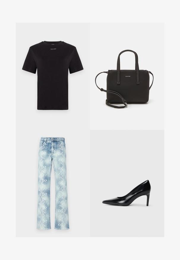 Crna pamučna majica s kratkim rukavima, okruglim izrezom i malim bijelim logom "Calvin Klein" na prsima. Glatka tekstura, klasičan kroj.; Svijetloplave traperice s uzorkom zmijskog kože, opuštenog kroja, s klasičnim pojasom, rajsferšlusom i strganim rubovima.; Crna kožna cipela na visokom potpeticu s špicastim prstom, glatke teksture i sužavajućom potpeticom. Minimalistički dizajn, bez dodatnih ukrasa.; Crna torba s dva kratka ručka i uklonjivom naramenicom. Glatki materijal nalik koži s zatvaračem na zatvaranje i detaljem s logom.