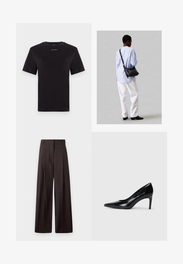 Černé bavlněné tričko s krátkými rukávy, kulatým výstřihem a malým bílým logem "Calvin Klein" na hrudi. Hladká textura, klasický střih.; Černé kalhoty s širokými nohavicemi a vysokým pasem, s předními sklady, hladkou texturou a minimalistickým designem.; Černé kožené boty na vysokém podpatku s špičatou špičkou, hladkým povrchem a zúženým podpatkem. Minimalistický design, bez dalších ozdob.; Černá kožená kabelka přes rameno s jemnou texturou, trojúhelníkovým tvarem a nastavitelným popruhem, v kombinaci se světle modrou pruhovanou košilí a bílými kalhotami.