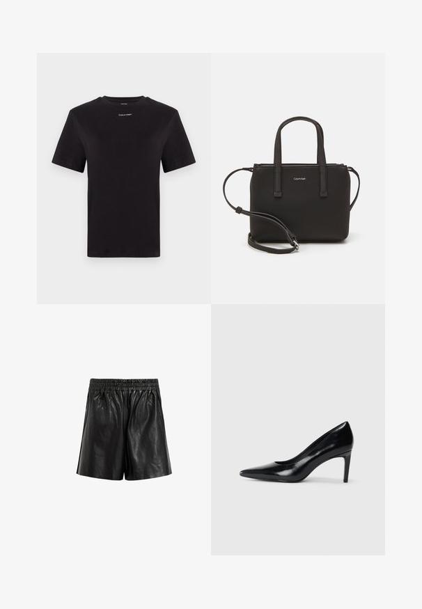 Zwarte katoenen t-shirt met korte mouwen, ronde hals en klein wit "Calvin Klein" logo op de borst. Gladde textuur, klassieke pasvorm.; Zwarte leren shorts met een elastische tailleband, met een gladde textuur, wijde pijpen en zonder zichtbare zakken of versieringen.; Zwarte leren hoge hak met een spitse neus, een gladde textuur en een tapse hak. Minimalistisch ontwerp, geen extra versieringen.; Zwarte handtas met dubbele korte handvatten en een afneembare schouderriem. Glad, leerachtig materiaal met een ritssluiting en logo-detail.