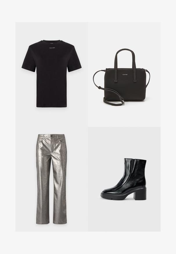 Black cotton t-shirt with short sleeves, crew neck, and small white "Calvin Klein" logo at the chest. Smooth texture, classic fit.; Metallic silver trousers with a straight cut, five pockets, and a button closure. Smooth texture with a subtle sheen and minimalist design.; Black patent leather ankle boots with a curved toe, elastic side panels, and a chunky block heel. Features embossed logo on the back.; Black handbag with dual short handles and a removable shoulder strap. Smooth leather-like material with a zip closure and logo detail.