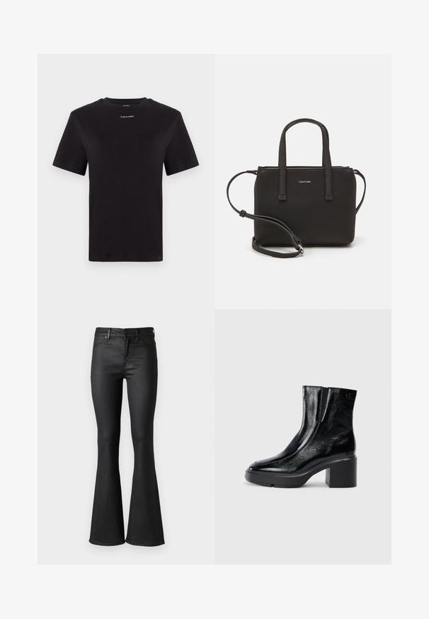 Melna kokvilnas T-kreklu ar īsām piedurknēm, apaļu kakla izgriezumu un nelielu baltu "Calvin Klein" logotipu krūtīs. Gluda tekstūra, klasiskā piegriezuma.; Melnas izplešotas džinsus ar gludu džinsa tekstūru, ar vidēju vidukli, jostas cilpām un priekšējām kabatām. Iekšāme flāra izplešas pie apakšējās malas.; Melnas lakotas ādas potītes zābaki ar izliekto purngalu, elastīgām sānu paneļiem un masīvu blokveida papēdi. Aizmugurē ir izsistā logo.; Melns roku soma ar divām īsām rokturiem un noņemamu plecu siksnu. Gluda ādas līdzīga materiāla ar rāvējslēdzēja aizdari un logos detaļu.
