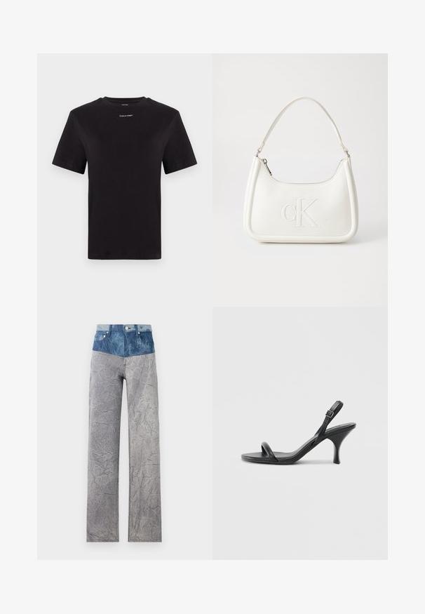T-shirt noir en coton à manches courtes, col rond, avec un petit logo blanc "Calvin Klein" sur la poitrine. Texture lisse, coupe classique.; Pantalon en denim avec une taille haute de couleur bleu clair, se fondant en un corps gris froissé. Comprend des poches standard et des fermetures à bouton.; Sandales à talons hauts en cuir noir avec un talon fin et courbé et un design de brides croisées. Bride de cheville réglable. Texture lisse.; Sac à main en cuir blanc avec une forme courbée, arborant un logo "CK" embossé à l'avant et une seule bandoulière. Fermeture à glissière en haut.