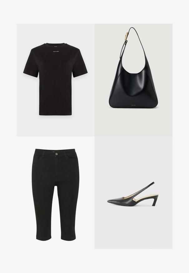 Juodas medvilninis marškinėliai trumpomis rankovėmis, apykaklė, su mažu baltu "Calvin Klein" logotipu krūtinėje. Lygus paviršius, klasikinis siluetas.; Juoda džinsinio audinio capri kelnės su prigludusia forma, priekinėmis kišenėmis ir vienu sagos užsegimu, pasižyminčios sklandžiu paviršiumi ir kulkšnies ilgiu.; Juodas smailus slingback batelis su žemu kulnu, pagamintas iš lygaus odos paviršiaus ir su išpjovomis šone, užtikrinančiomis oro pralaidumą.; Juodas odinis pečių krepšys su lygiu paviršiumi, kreiviu siluetu ir auksinės spalvos detalėmis. Pagrindinėje dalyje yra išgraviruotas prekės ženklo logo.