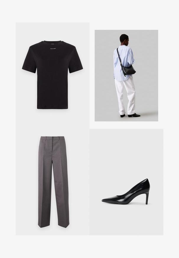 Fekete pamut póló rövid ujjakkal, kerek nyakkivágással és kis fehér "Calvin Klein" logóval a mellkasnál. Simás textúra, klasszikus fazon.; Szürke, testreszabott nadrág, texturált anyagból készült, egyenes szárú kialakítással, lapos elülső résszel és övhurkokkal.; Fekete bőr magassarkú cipő, hegyes orral, sima textúrával és kúpos sarkal. Minimalista dizájn, nincsenek további díszítések.; Fekete bőr válltáska puha tapintással, háromszög alakú, állítható pánttal, világoskék csíkos inggel és fehér nadrággal párosítva.