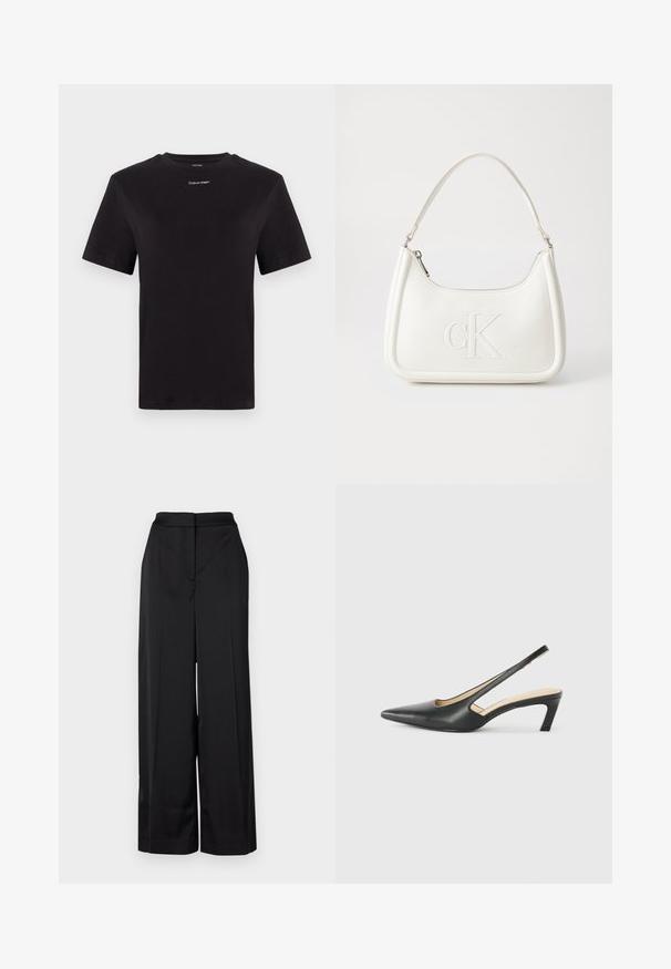Svart bomulls t-shirt med korta ärmar, rund halsringning och liten vit "Calvin Klein" logotyp vid bröstet. Slät textur, klassisk passform.; Svarta vida byxor i mjukt tyg, med hög midja och en ren, plisserad front med en minimal design.; Svart spetsig slingback-sko med låg klack, som har ett slätt lädermaterial och utskärningsdesign på sidan för andningsförmåga.; Vit läderhandväska med en böjd form, som har en präglad "CK"-logotyp på framsidan och ett enda axelband. Dragkedjestängning upptill.