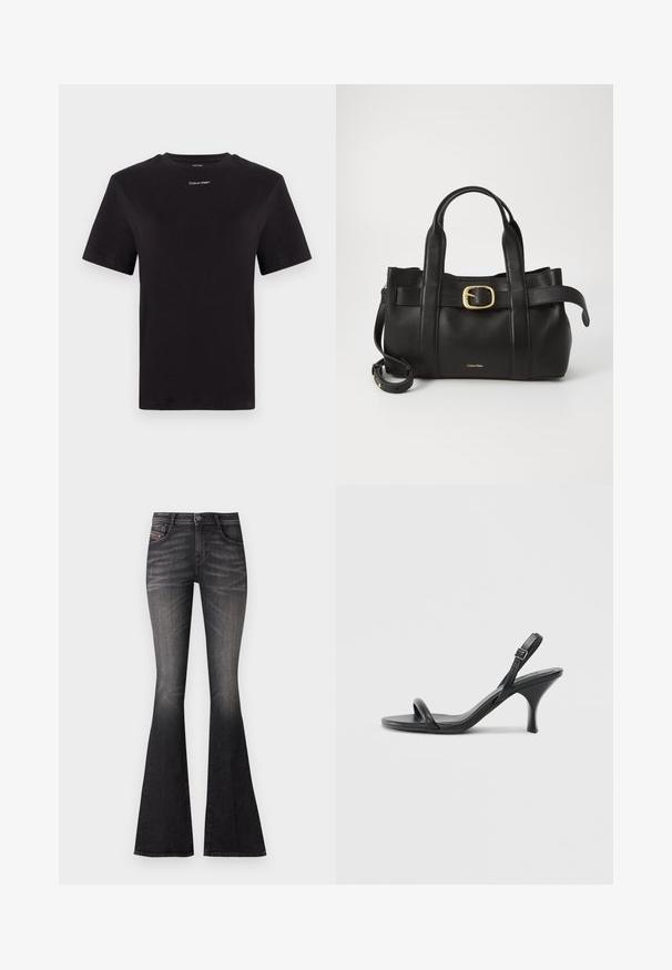 T-shirt noir en coton à manches courtes, col rond, avec un petit logo blanc "Calvin Klein" sur la poitrine. Texture lisse, coupe classique.; Jeans noirs évasés avec un délavage, design à cinq poches et fermeture à bouton métal. Le tissu montre une légère élasticité pour plus de confort.; Sandales à talons hauts en cuir noir avec un talon fin et courbé et un design de brides croisées. Bride de cheville réglable. Texture lisse.; Sac à main en cuir noir présentant un design structuré, deux poignées supérieures, un accent de boucle en ton doré et un logo de la marque en relief à l'avant.