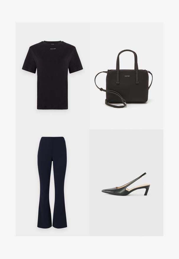 Must musta t-särk lühikeste käistega, ümberringi kaelusega ja väikese valge "Calvin Klein" logo'ga rinnal. Sile tekstuur, klassikaline lõige.; Tumesinine kellukujuline püksid, mis on valmistatud siledast kangast, tarkusest kõrgema vöökoha ja kerge venivusega mugavuse jaoks. Ilma nähtava riistvara või mustriteta.; Must mustaga, terav varvas, madala kontsaga sildiga king, mis on valmistatud siledast nahast ja mille küljel on lõike disain hingavuse tagamiseks.; Musthave mustrans vöö ja eemaldatav õlarihm. Gludike nahk siledaga, millel on tõmblukk ja logo detail.