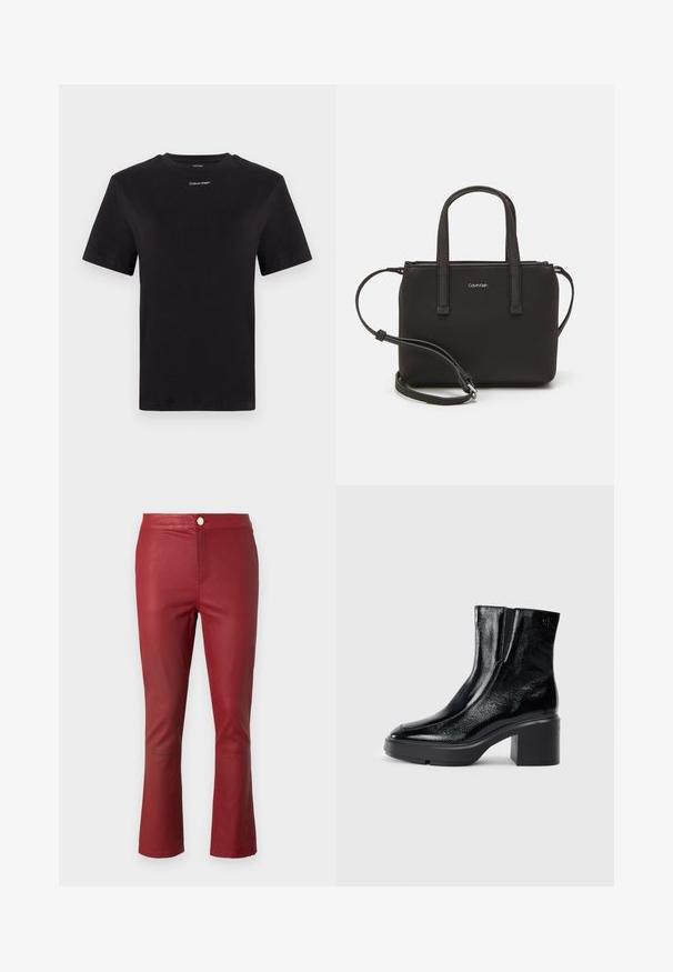 Schwarzes Baumwoll-T-Shirt mit kurzen Ärmeln, Rundhalsausschnitt und kleinem weißen "Calvin Klein"-Logo auf der Brust. Glatte Textur, klassischer Schnitt.; Rote Lederhosen mit einer figurbetonten Passform, mittelhoher Taille und ausgestellten Säumen. Verfügt über einen vorderen Knopfverschluss und eine glatte Textur.; Schwarze Lackleder-Stiefeletten mit einer geschwungenen Zehenpartie, elastischen Seiteneinsätzen und einem klobigen Blockabsatz. Mit geprägtem Logo auf der Rückseite.; Schwarze Handtasche mit zwei kurzen, doppelt geflochtenen Griffen und einem abnehmbaren Schulterriemen. Glattes, lederähnliches Material mit einem Reißverschluss und Logodetail.
