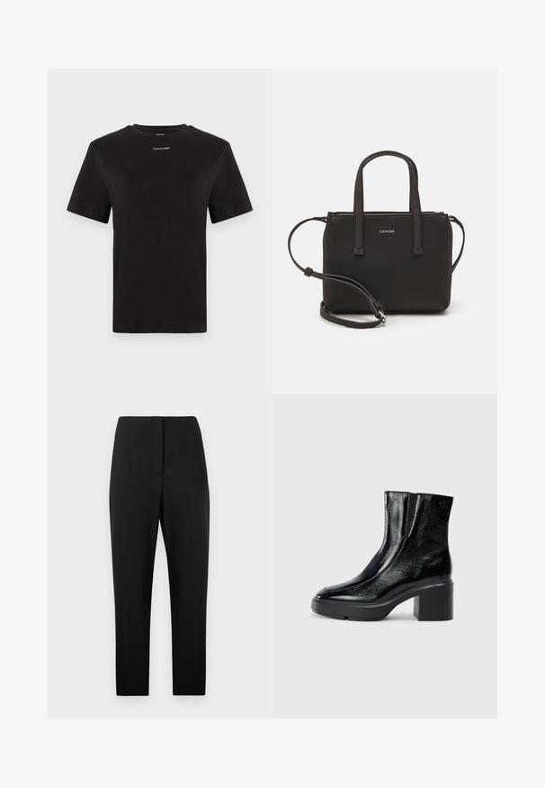Czarny t-shirt bawełniany z krótkimi rękawami, okrągłym dekoltem i małym białym logo "Calvin Klein" na piersi. Gładka struktura, klasyczny krój.; Czarne dopasowane spodnie o gładkiej fakturze, zwężane nogawki, plisami z przodu i ukrytym zapięciem. Brak widocznych kieszeni.; Czarne lakierowane botki za kostkę z zaokrąglonym noskiem, elastycznymi panelami bocznymi i masywnym obcasem blokowym. Posiadają wytłoczone logo z tyłu.; Czarna torebka z dwoma krótkimi uchwytami i odpinanym paskiem na ramię. Gładki materiał przypominający skórę, z zamkiem błyskawicznym i detalem z logo.