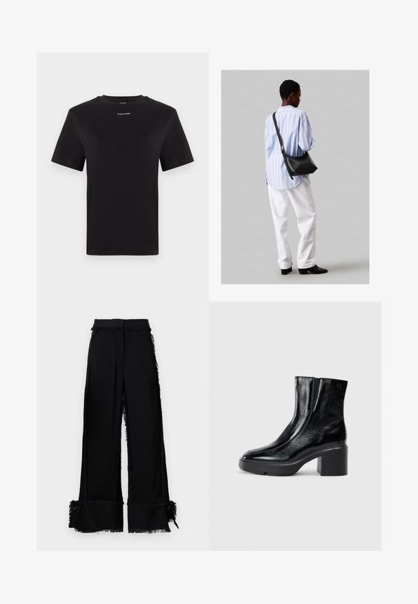 Melna kokvilnas T-kreklu ar īsām piedurknēm, apaļu kakla izgriezumu un nelielu baltu "Calvin Klein" logotipu krūtīs. Gluda tekstūra, klasiskā piegriezuma.; Melnas platās bikses ar frīstila malām, teksturētu apdari, sānu šķelšanos un dekoratīvām pogām apakšmalā. Pielāgota jostasvieta.; Melnas lakotas ādas potītes zābaki ar izliekto purngalu, elastīgām sānu paneļiem un masīvu blokveida papēdi. Aizmugurē ir izsistā logo.; Melna ādas plecu soma ar mīkstu tekstūru, trīsstūra formu un regulējamu siksnu, apvienota ar gaiši zilu svītrotu krekli un baltām biksēm.