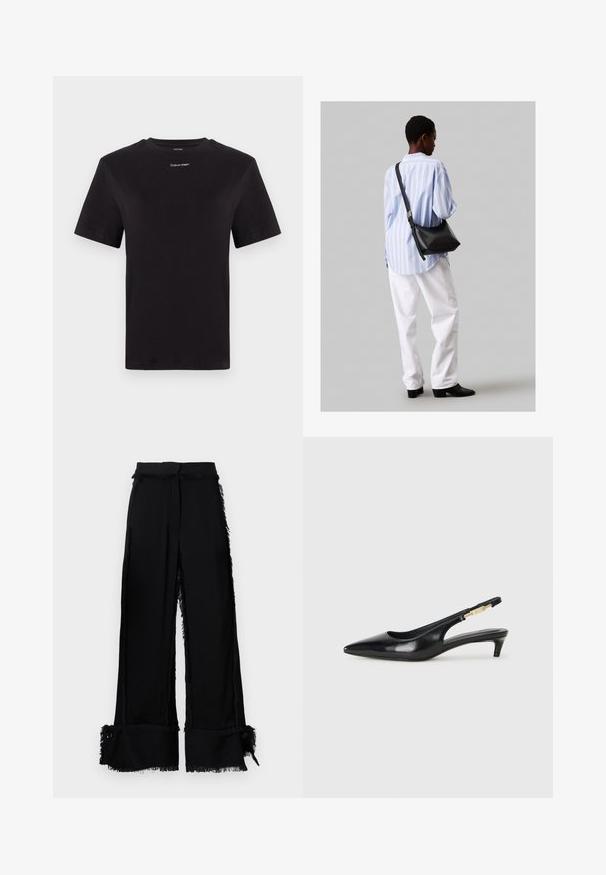 Black cotton t-shirt with short sleeves, crew neck, and small white "Calvin Klein" logo at the chest. Smooth texture, classic fit.; Black wide-leg pants with fringed edges, a textured finish, side slits, and decorative buttons at the hem. Tailored waistband.; Black leather slingback heels with a pointed toe, featuring a slim heel and a gold-tone accent on the adjustable strap. Smooth texture.; Black leather shoulder bag with a soft texture, triangular shape, and adjustable strap, paired with a light blue striped shirt and white pants.