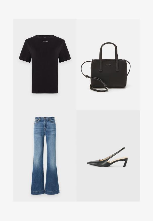 Melna kokvilnas T-kreklu ar īsām piedurknēm, apaļu kakla izgriezumu un nelielu baltu "Calvin Klein" logotipu krūtīs. Gluda tekstūra, klasiskā piegriezuma.; Zili džinsi ar platu apakšpusi un augstu jostasvietu, ar gaišāku izbalējumu apakšējā daļā un izšūtu apakšdaļu. Klasisks piecu kabatu dizains.; Melna, ar smailu purngalu, slingback kurpe ar zemu papēdi, izgatavota no gludas ādas materiāla un ar izgriezumiem sānos gaisa caurlaidībai.; Melns roku soma ar divām īsām rokturiem un noņemamu plecu siksnu. Gluda ādas līdzīga materiāla ar rāvējslēdzēja aizdari un logos detaļu.