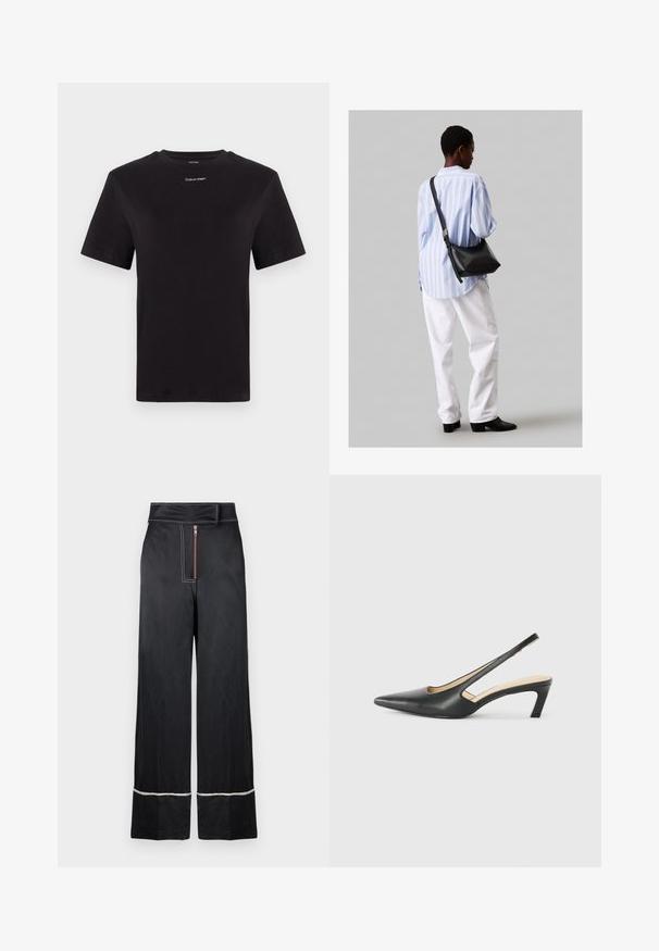 Fekete pamut póló rövid ujjakkal, kerek nyakkivágással és kis fehér "Calvin Klein" logóval a mellkasnál. Simás textúra, klasszikus fazon.; Fekete, bőszárú nadrág magas derékkal, elülső cipzárral és kontrasztos fehér varrással az alján és az oldalán.; Fekete, hegyes orrú, slingback cipő alacsony sarkával, sima bőrből készült, oldalt kivágott deisgnal a légáteresztőképesség érdekében.; Fekete bőr válltáska puha tapintással, háromszög alakú, állítható pánttal, világoskék csíkos inggel és fehér nadrággal párosítva.