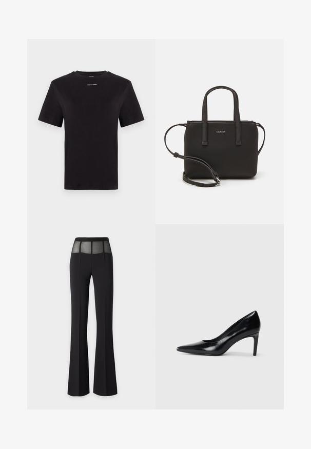 Črna bombažna majica s kratkimi rokavi, okroglim izrezom in majhnim belim logotipom "Calvin Klein" na prsih. Gladka tekstura, klasičen kroj.; Široke črne hlače z prozornim mrežnim delom pri pasu. Gladka tekstura in prilagojen dizajn izboljšata splošno prileganje in končni videz.; Črna usnjena črna čevlja na visokem petu z zašiljenim prstom, gladko teksturo in zoženim peto. Minimalističen dizajn, brez dodatnih okraskov.; Črna torbica z dvema kratkima ročajema in odstranljivim naramnim trakom. Gladek usnju podoben material z zadrgo in podrobnostmi z logotipom.
