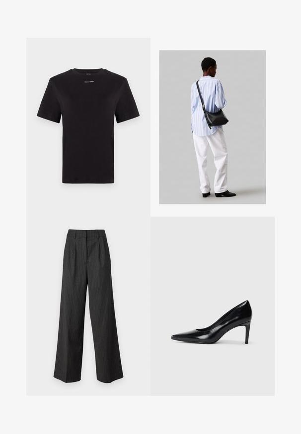 Musta puuvillapaita lyhyillä hihoilla, pyöreä pääntie ja pieni valkoinen "Calvin Klein" -logo rinnassa. Silkkinen pinta, klassinen istuvuus.; Korkeavyötäröiset, leveälahkeiset housut tummanharmaana, joissa on ohuita pystyraitoja. Ominaisuuksina muotolähtöinen ilme ja pehmeä rakenne. Pleidatut etuosat.; Mustat nahkakengät korkealla korolla, terävä kärki, sileä pinta ja kapeneva korko. Minimalistinen muotoilu, ei ylimääräisiä koristeita.; Musta nahkainen olkalaukku, jossa on pehmeä rakenne, kolmion muoto ja säädettävä hihna, yhdistettynä vaaleansiniseen raidalliseen paitaan ja valkoisiin housuihin.