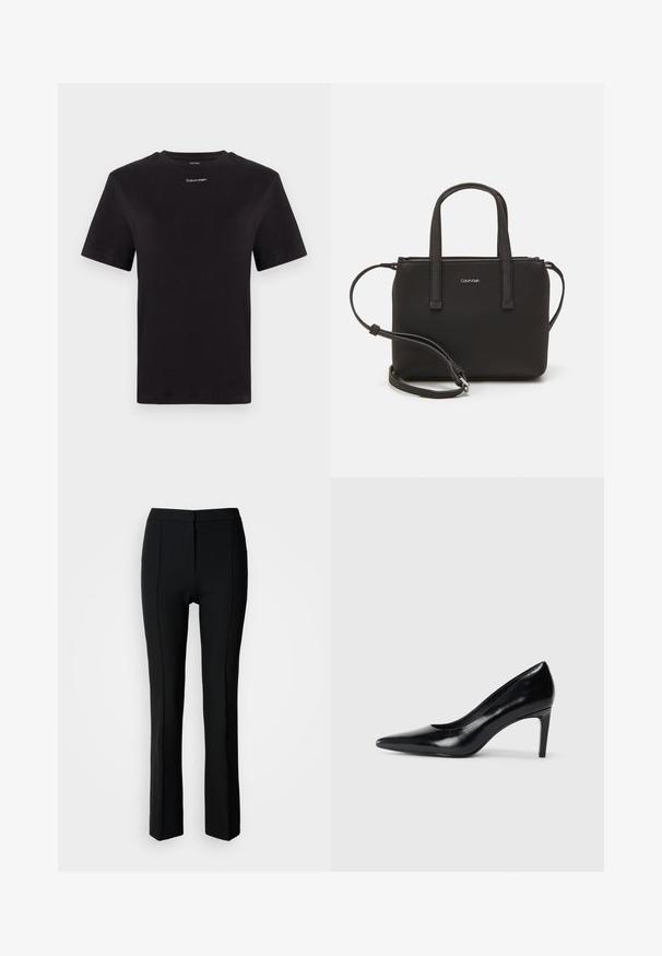 Črna bombažna majica s kratkimi rokavi, okroglim izrezom in majhnim belim logotipom "Calvin Klein" na prsih. Gladka tekstura, klasičen kroj.; Črne hlače s prilagojeno prileganjem, ki se ponašajo z gladko teksturo, ravnim krojem in nevsiljivimi podrobnostmi sprednjega šiva.; Črna usnjena črna čevlja na visokem petu z zašiljenim prstom, gladko teksturo in zoženim peto. Minimalističen dizajn, brez dodatnih okraskov.; Črna torbica z dvema kratkima ročajema in odstranljivim naramnim trakom. Gladek usnju podoben material z zadrgo in podrobnostmi z logotipom.